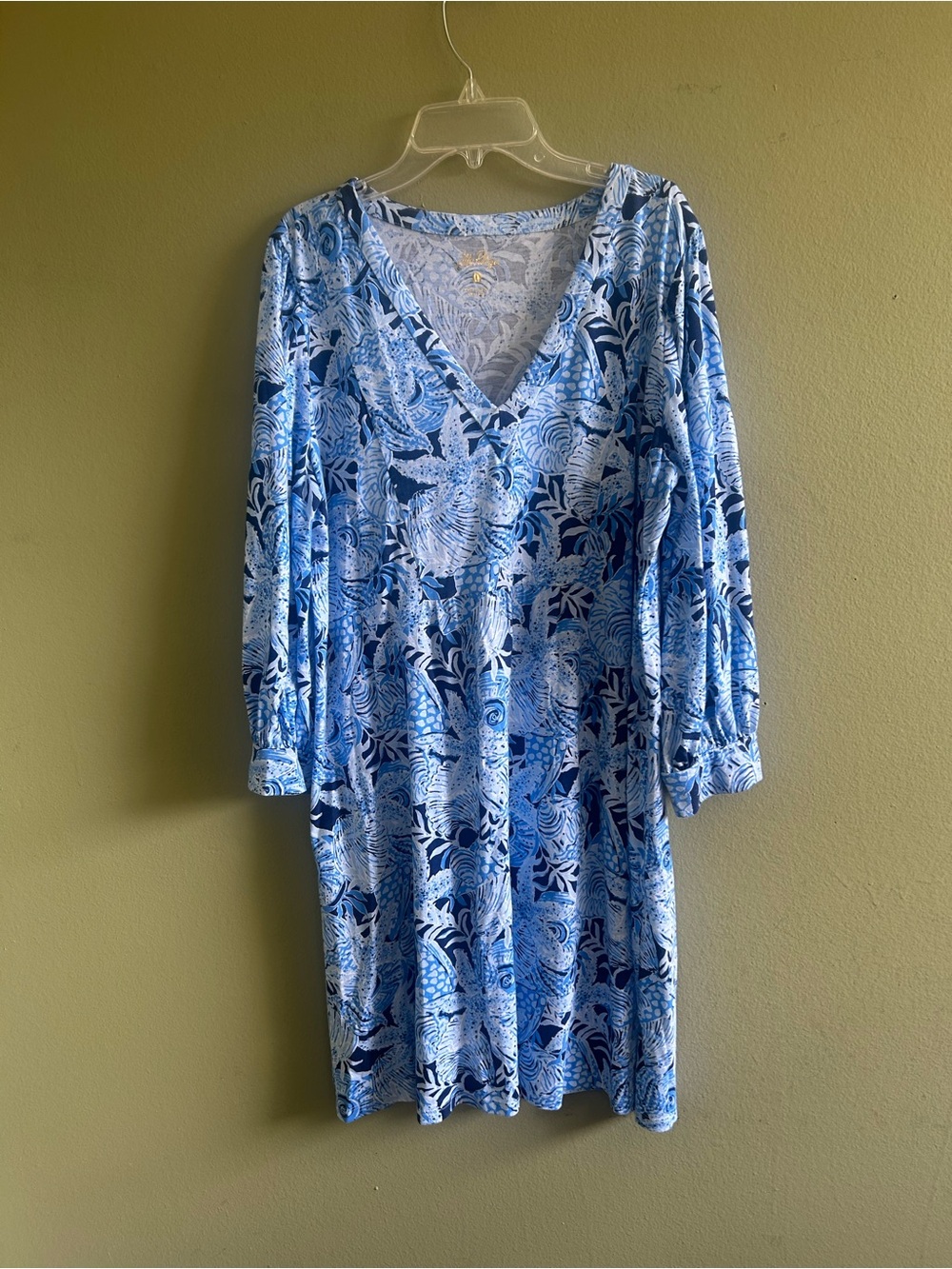 Lilly Pulitzer Blue Floral V-Neck 3/4 Sleeve Shift Dress Sz L